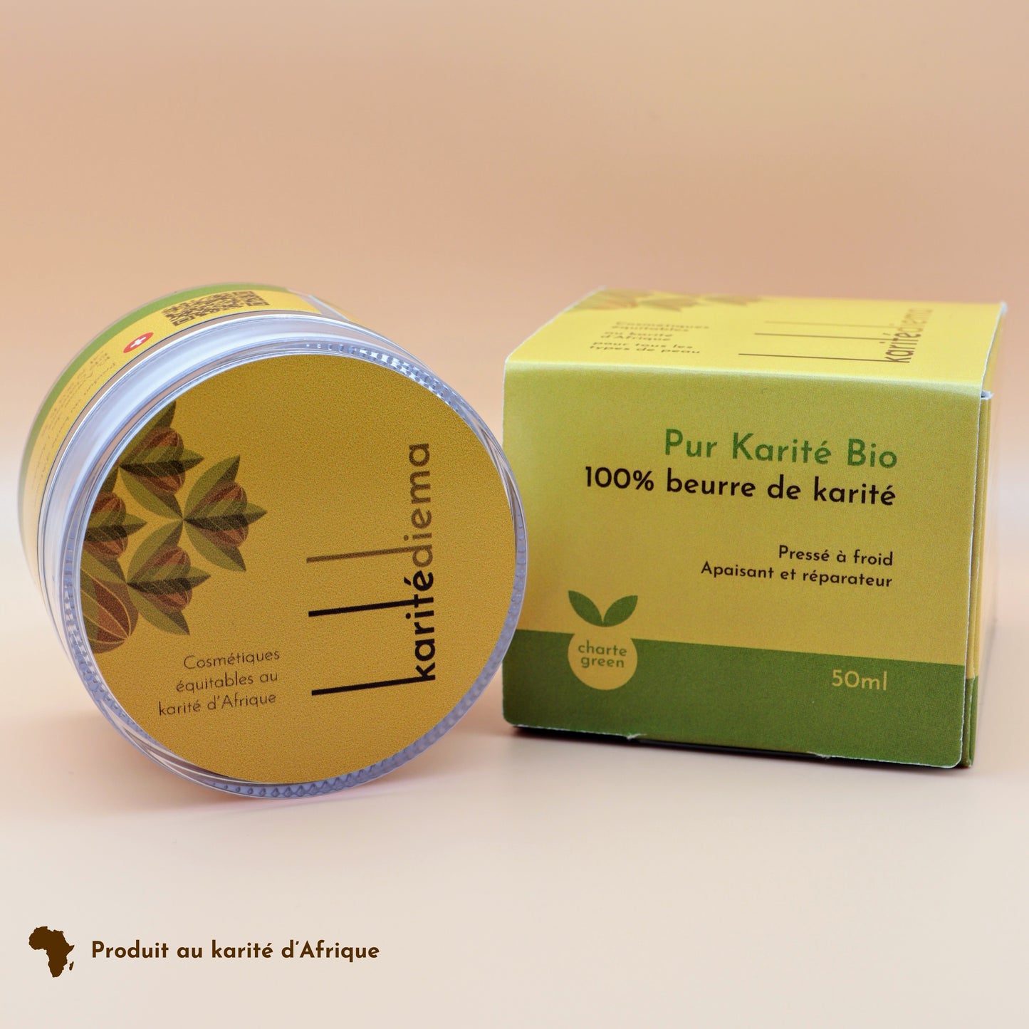 Pot et packaging du Pur Karité Bio 100% beurre de karité de Karitédiema, apaisante et réparatrice