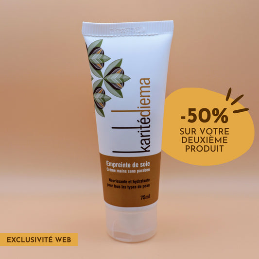 Offre exclusive crème mains sans paraben Karitédiema Empreinte de soie 75ml, nourrissante et hydratante. 50% offerts sur le deuxième produit.