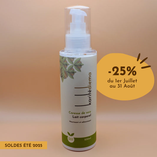 -25% sur notre lait corporel Karitédiema Caresse de soie 200ml, nourrissant et adoucissant.