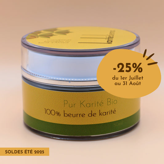-25% sur notre pot Karitédiema Pur Karité Bio 100% beurre de karité, apaisante et réparatrice.