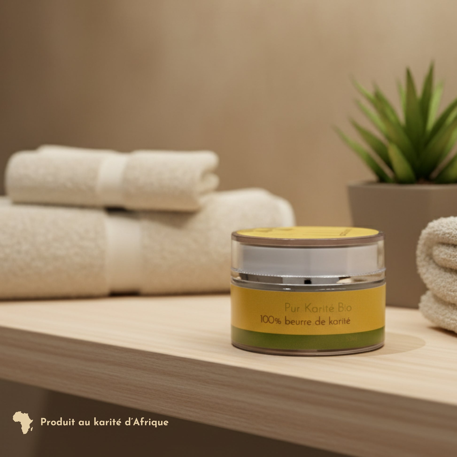 Pot Pur Karité Bio 100% beurre de karité, apaisante et réparatrice, posé dans une salle de bain avec des serviettes de bain